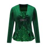 EVE Plus Size Sequins Splicing Fake Two Piece Long Sleeve Top GOSD-DZ1468