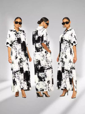 EVE Print Loose Lapel Short Sleeve Maxi Dress OD-D8697