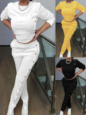 EVE Solid Color Long Sleeve Sweatshirt Two Piece Pants Set GWDS-240705