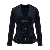 EVE Plus Size Sequins Splicing Fake Two Piece Long Sleeve Top GOSD-DZ1468