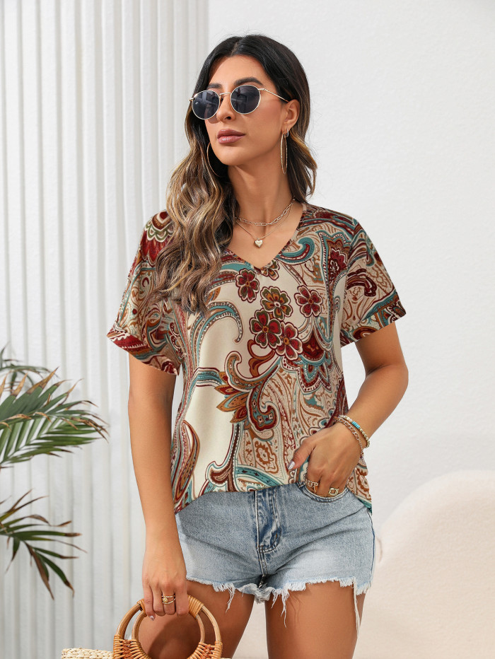 EVE V Neck Short Sleeve Print T Shirt GMES-S1036