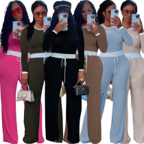 EVE Ribbed Color Clash Long Sleeve Pants Two Piece Set SFY-2787