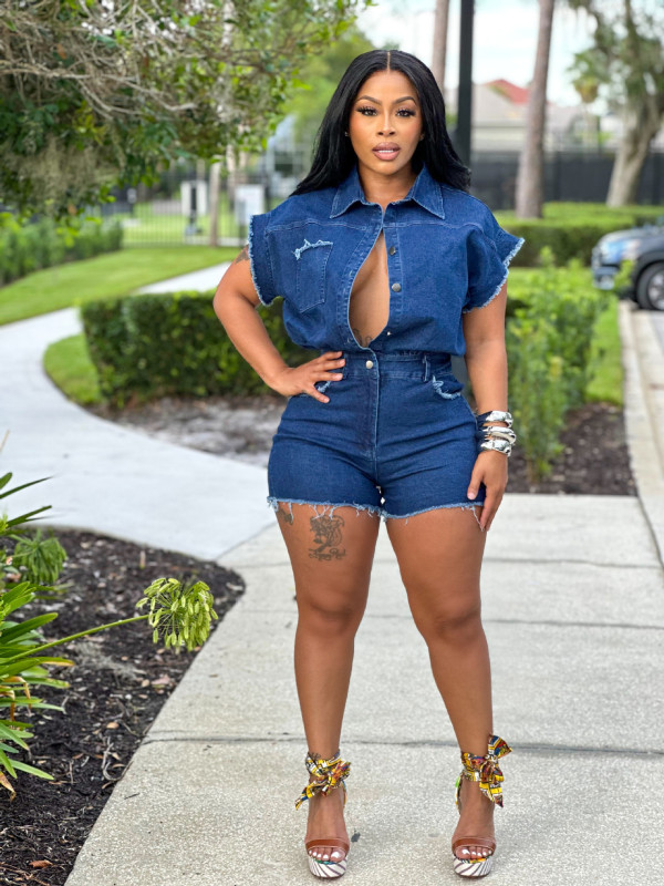 EVE Short Sleeve Lapel Denim Romper LX-6987