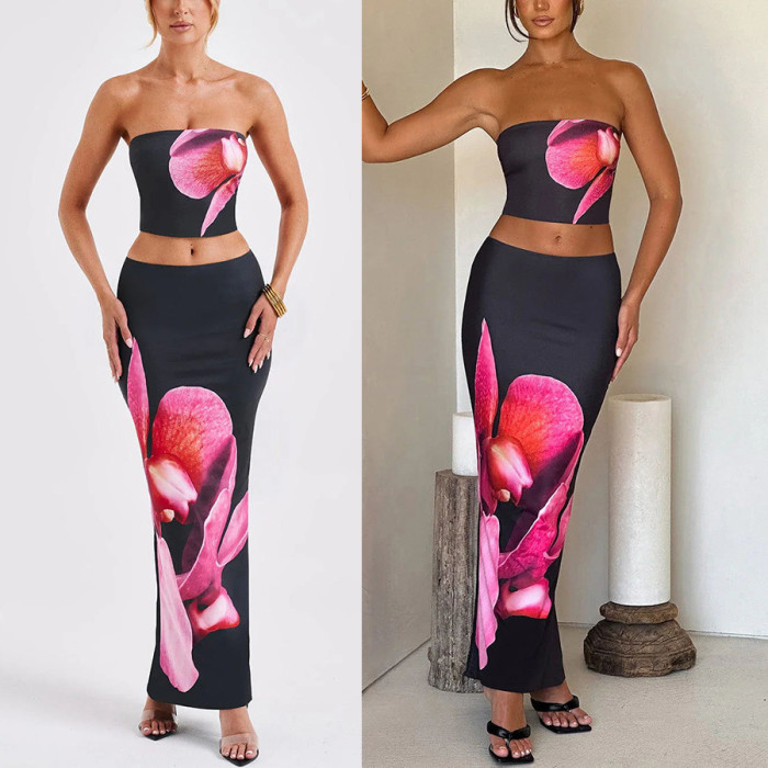 EVE Floral Printed Tube Top Long Skirt Two Piece Set LM-8381