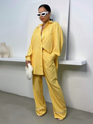 EVE Lapel Long Sleeve Stripe Shirt Two Piece Pants Set MIL-063