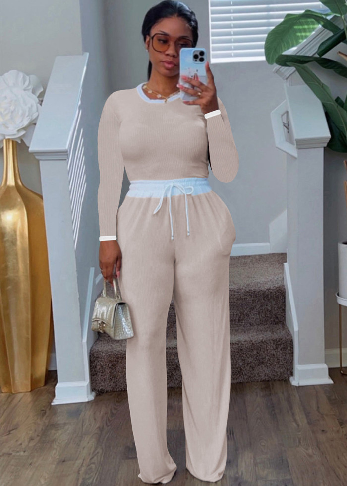 EVE Ribbed Color Clash Long Sleeve Pants Two Piece Set HNIF-2421