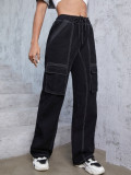 EVE Pocket Drawstring Splicing Loose Wide Leg Jeans GZHY-70076