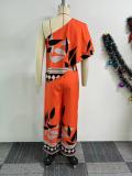 EVE Printed Slash Shoulder Irregular Split Wide Leg Jumpsuit NY-10885