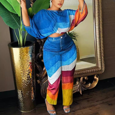 EVE Printed Loose Bat Sleeve Tops Pants Two Piece Set NY-10888