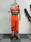EVE Printed Slash Shoulder Irregular Split Wide Leg Jumpsuit NY-10885
