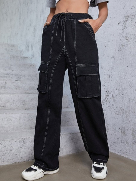EVE Pocket Drawstring Splicing Loose Wide Leg Jeans GZHY-70076