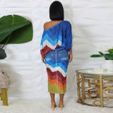 EVE Printed Bat Sleeve Top Split Skirt Two Piece Set NY-10867