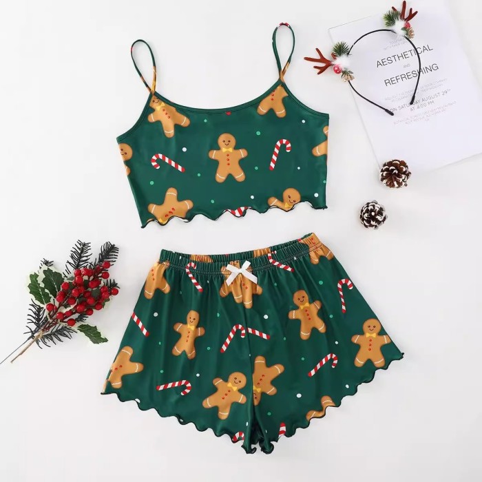 EVE Christmas Prints Summer Vest Lounge Wear Short Set GXMB-9586