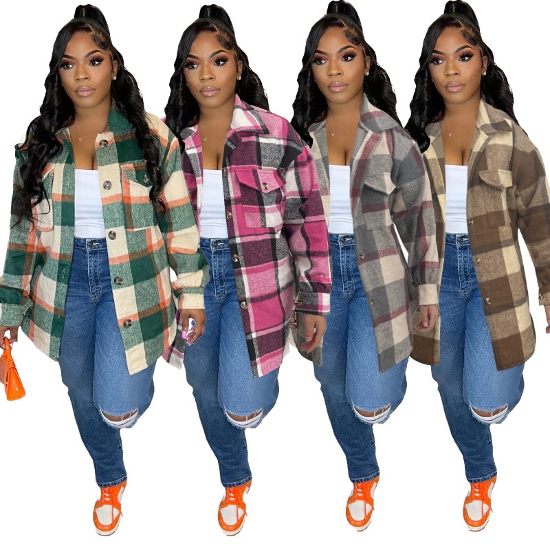 EVE Loose Long Sleeve Plaid Shirt Coat OUQF-274