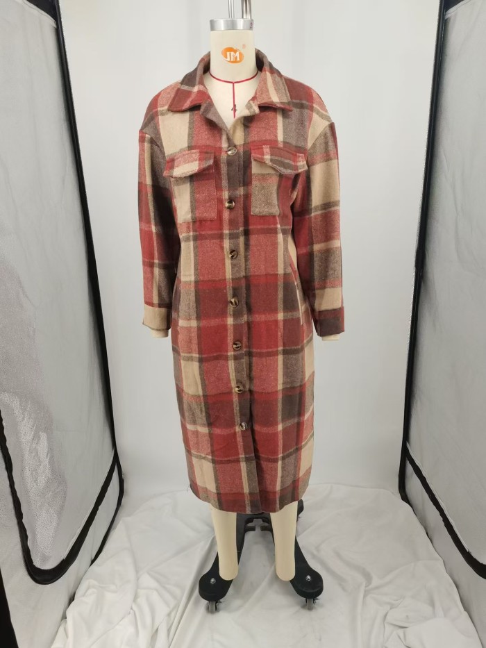 EVE Plaid Print Loose Long Shirt Coat OUQF-275