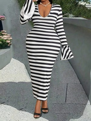 EVE Black White Stripe Tight Ruffles Long Dress GFMA-0423