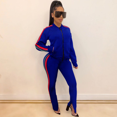 EVE Color Stripe Printed Splicing Split Zipper Sport Pants Suit YS-2410