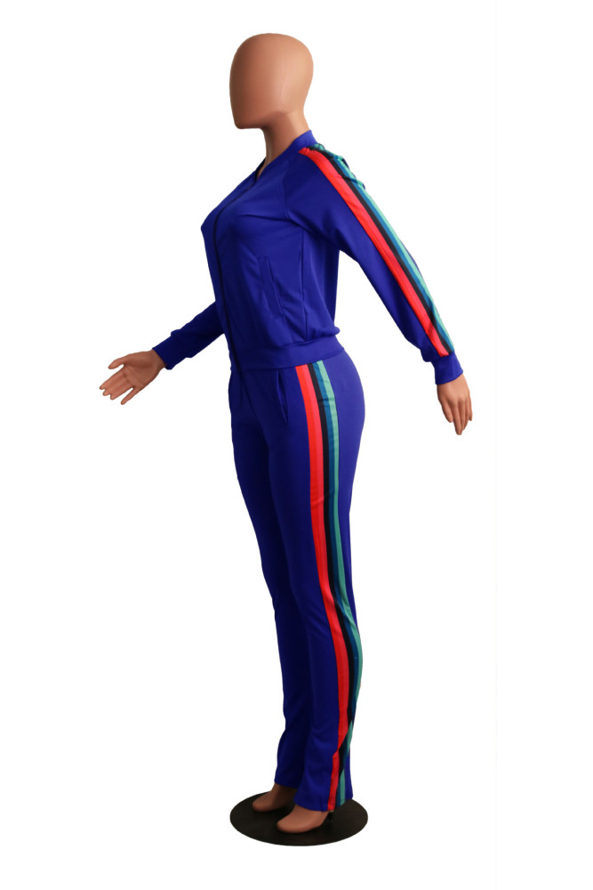 EVE Color Stripe Printed Splicing Split Zipper Sport Pants Suit YS-2410