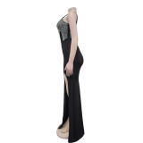 EVE Sleeveless V Neck Sling Hot Drill Maxi Dress BY-7046