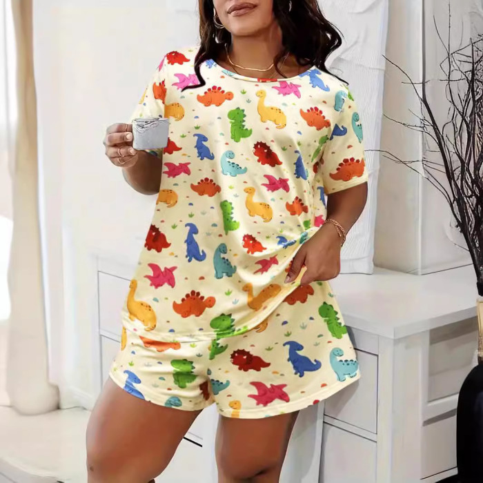 EVE Plus Size Print Casual Loungewear Shorts Set GXMB-LPU2099A1