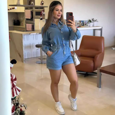 EVE Casual Single-breasted Long-sleeve Denim Romper GAKF-A40807