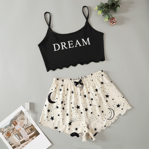 EVE Letter Print Sling Pyjamas Loungewear Shorts Set GXMB-TL9188