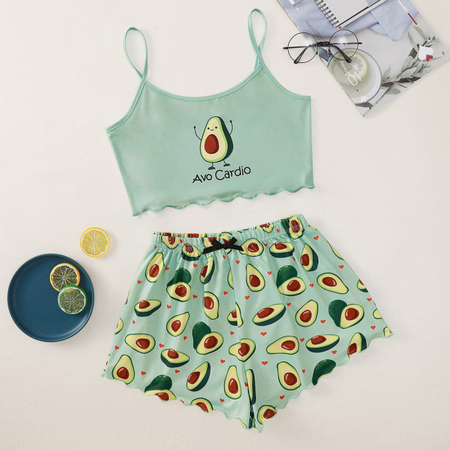 EVE Avocado Print Sling Top Shorts Loungewear Pajamas Set GXMB-TL9395