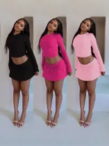 EVE Long Sleeve Solid Crop Top Pleated Skirt Suit MEI-9319