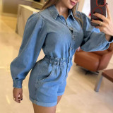 EVE Casual Single-breasted Long-sleeve Denim Romper GAKF-A40807