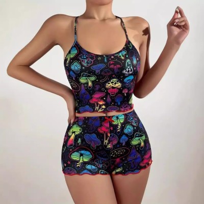 EVE Mushroom Print Sling Tops Loungewear Suit GXMB-TL9905_CL