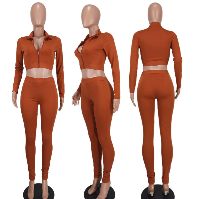 EVE Solid Color Zipper Crop Top Two Piece Pants Set YD-1166-D7