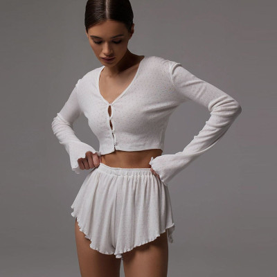 EVE Flared Sleeve Knit Ruffle Shorts Casual Set XEF-53473