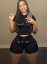EVE Letter Print Solid Color Two Piece Shorts Set GHMY-135962