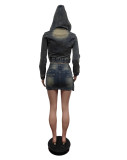 EVE Denim Long Sleeve Hooded Skirts Two Piece Set MEM-88594