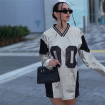 EVE V Neck Mesh Patchwork Long Sleeve T Shirt XEF-50710