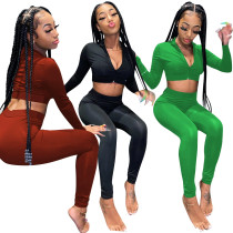 EVE Solid Color Zipper Crop Top Two Piece Pants Set YD-1166-D7