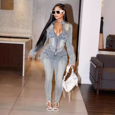 EVE Long Sleeve Zipper Denim Jumpsuit MEM-88595