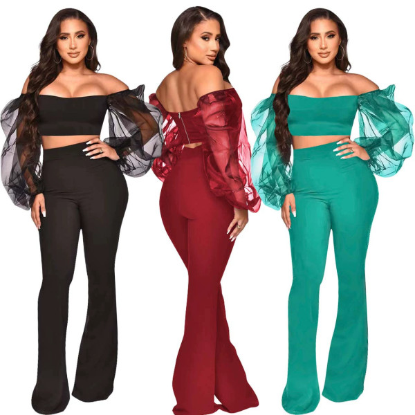 EVE Off Shoulder Solid Color Two Piece Pants Set YD-1154