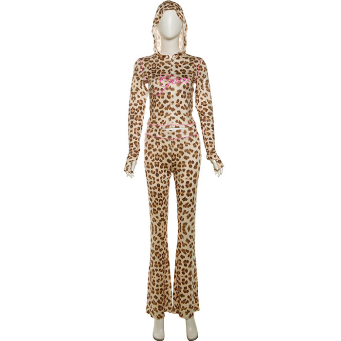 EVE Leopard Print Hooded Zipper Two Piece Pants Set XEF-50103