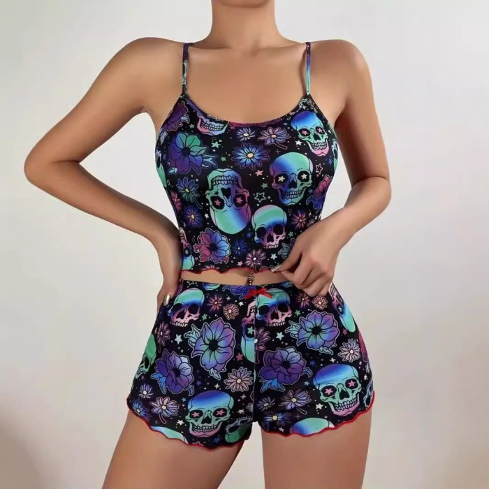 EVE Halloween Skull Print Loungewear Sling Short Set GXMB-TL9907_CL