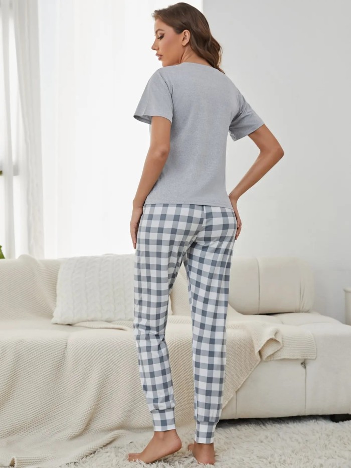 EVE Letter Plaid Print Short Sleeve Pants Loungewear Set GXMB-9720