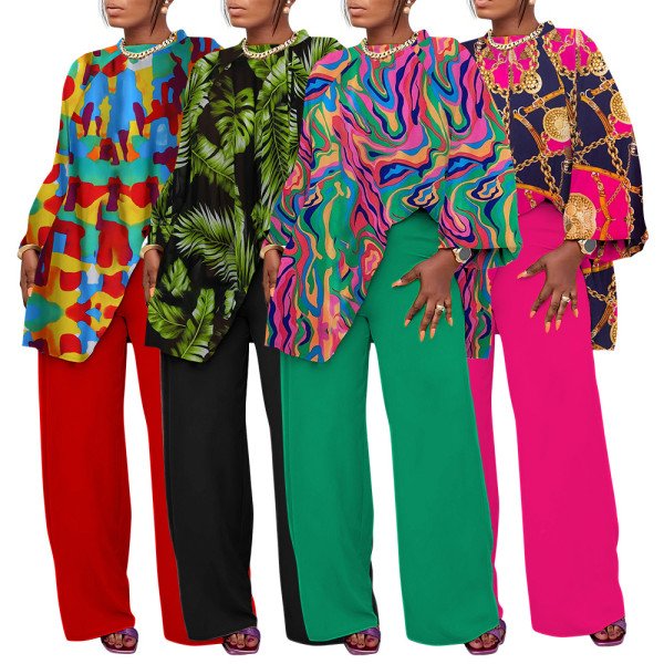 EVE Plus Size Print Long Sleeve Loose Two Piece Pants Set NNWF-8036