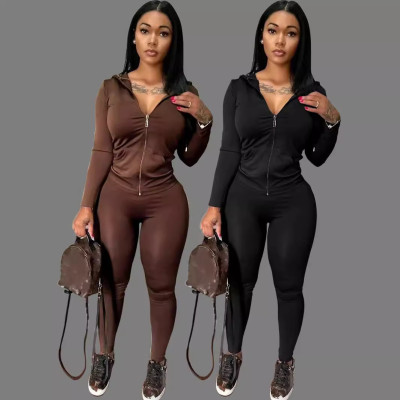 EVE Zipper Hooded Cardigan Coat Two Piece Pants Set LSD-2226