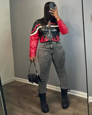 EVE Embroidered Flame Patchwork Jacket Leather (With Lining) NYF-8180