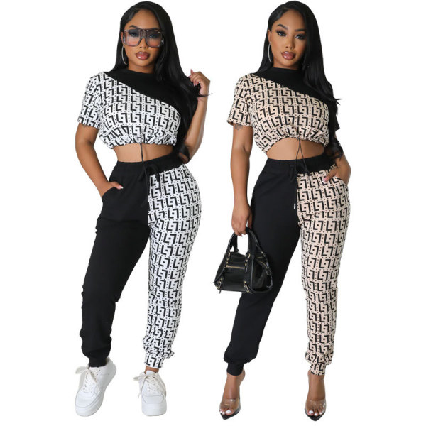 EVE Casual Color Block Print Two Piece Pants Set XHXF-8705