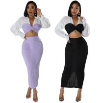 EVE Long Sleeve Color Block Two Piece Skirts Set XHXF-8706
