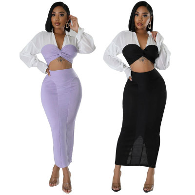 EVE Long Sleeve Color Block Two Piece Skirts Set XHXF-8706