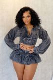EVE Long Sleeve Lapel Two Piece Skirt Set(With Safety Pants ) TK-6328