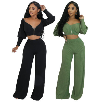 EVE Solid Color Zipper Off Shoulder Two Piece Pants Set XHXF-8704
