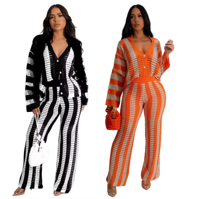 EVE Stripe Color Block Knits Loose Two Piece Pants Set GYSF-8878